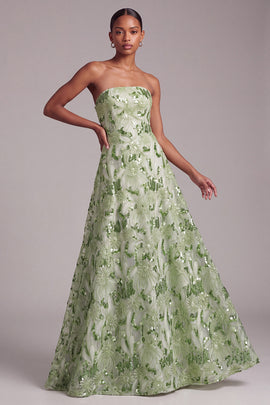 Sparkly Green A-Line Strapless Sequins Floral Long Prom Dress