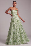 Sparkly Green A-Line Strapless Sequins Floral Long Prom Dress