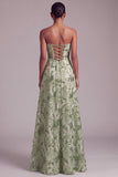 Sparkly Green A-Line Strapless Sequins Floral Long Prom Dress