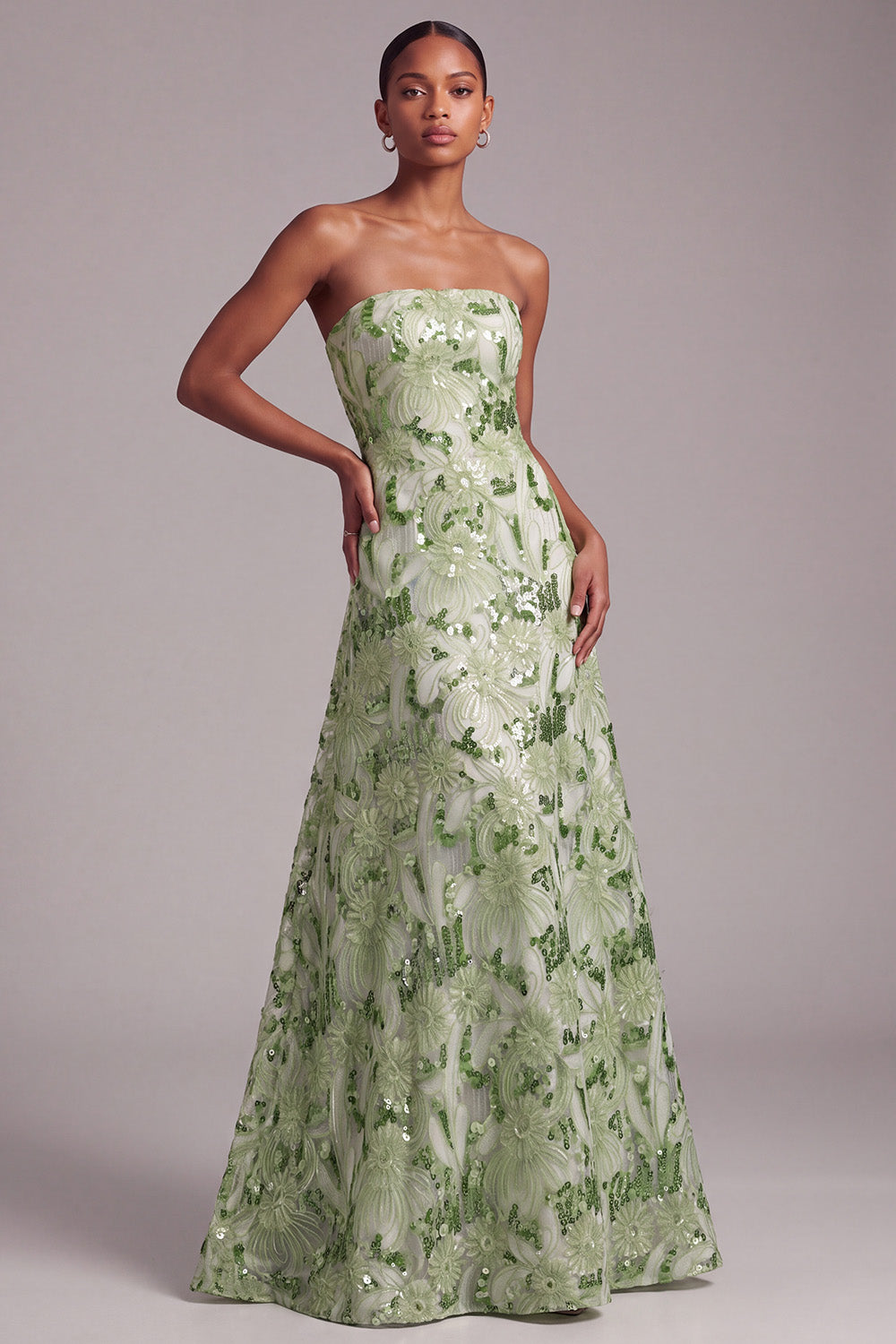 Sparkly Green A-Line Strapless Sequins Floral Long Prom Dress