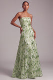 Sparkly Green A-Line Strapless Sequins Floral Long Prom Dress