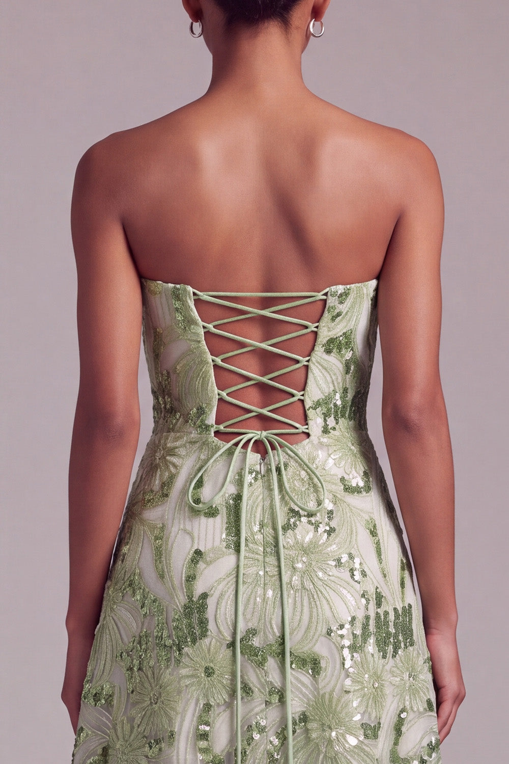 Sparkly Green A-Line Strapless Sequins Floral Long Prom Dress