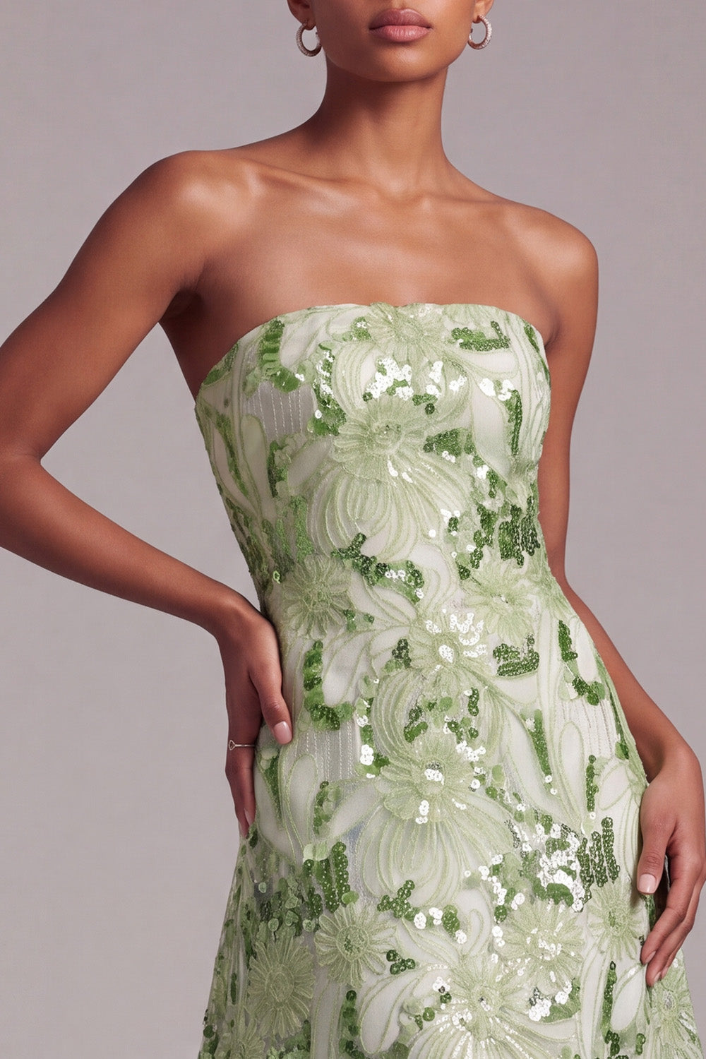 Sparkly Green A-Line Strapless Sequins Floral Long Prom Dress
