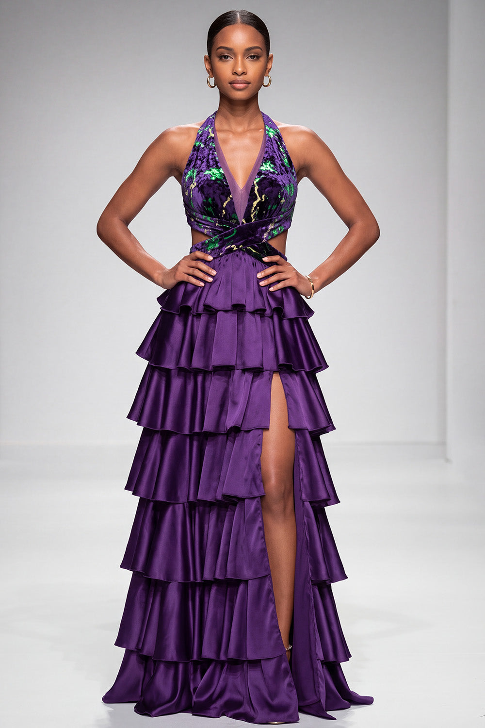 Purple Halter Cut Out Tiered Ruffled Satin Long Prom Dress with Slit