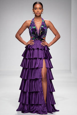Purple Halter Cut Out Tiered Ruffled Satin Long Prom Dress with Slit