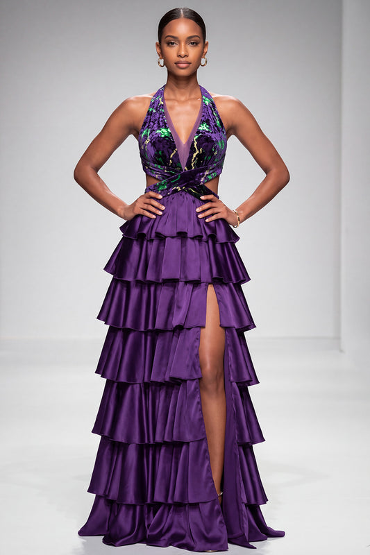 Purple Halter Cut Out Tiered Ruffled Satin Long Prom Dress with Slit