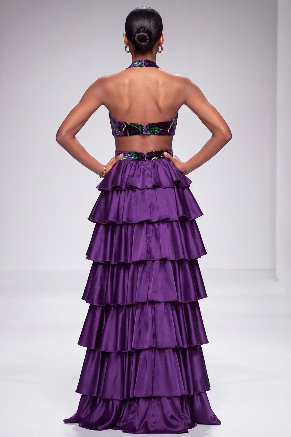 Purple Halter Cut Out Tiered Ruffled Satin Long Prom Dress with Slit