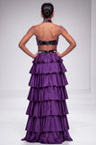 Purple Halter Cut Out Tiered Ruffled Satin Long Prom Dress with Slit