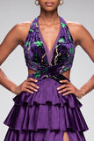 Purple Halter Cut Out Tiered Ruffled Satin Long Prom Dress with Slit