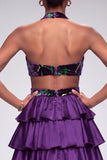 Purple Halter Cut Out Tiered Ruffled Satin Long Prom Dress with Slit