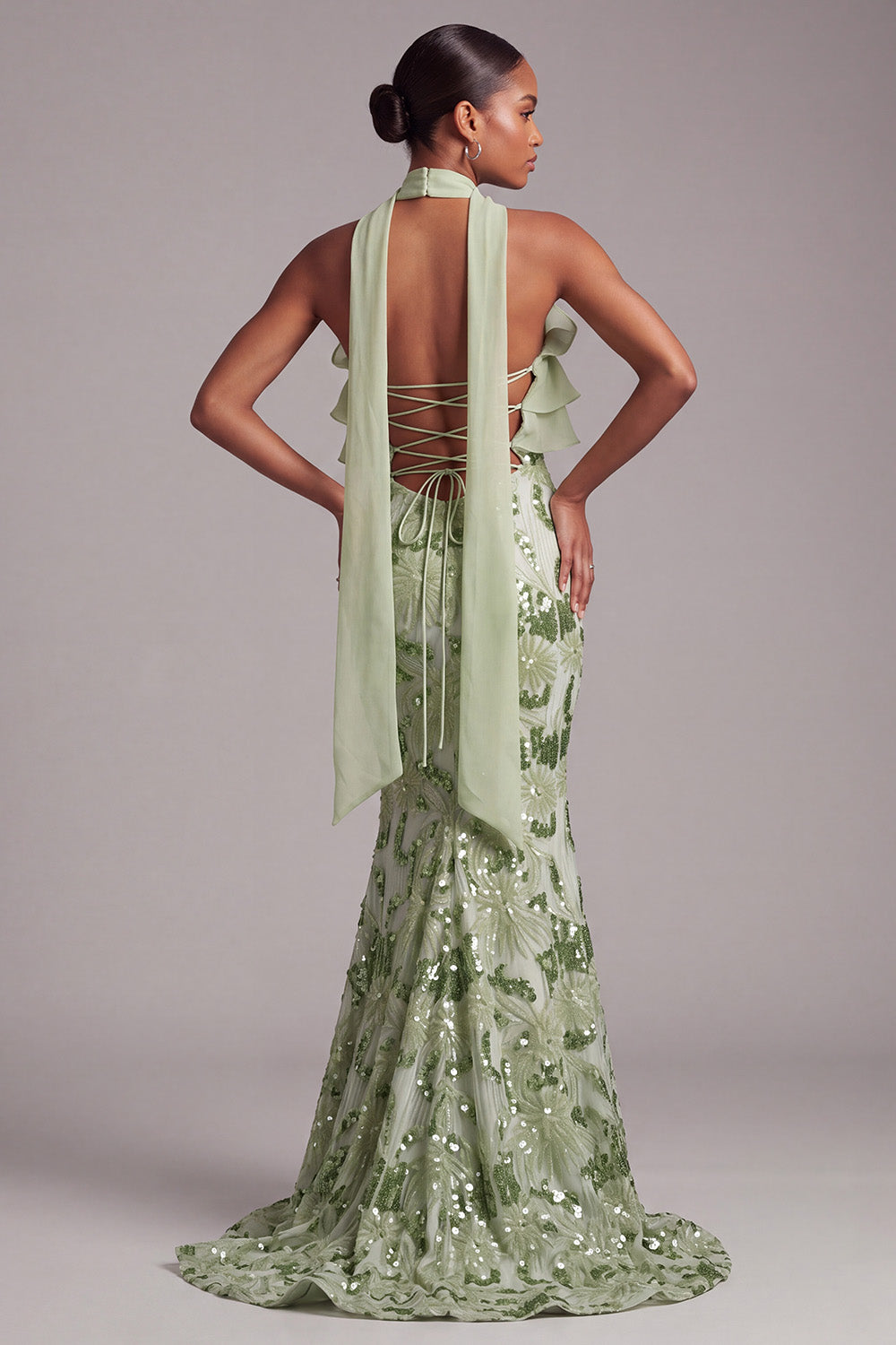 Sparkly Green Mermaid Floral Sequins Ruffled Long Prom Dress with Neck Scarf