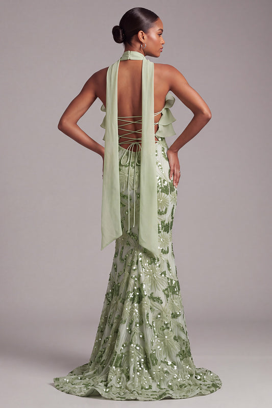 Sparkly Green Mermaid Floral Sequins Ruffled Long Prom Dress with Neck Scarf