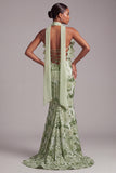 Sparkly Green Mermaid Floral Sequins Ruffled Long Prom Dress with Neck Scarf