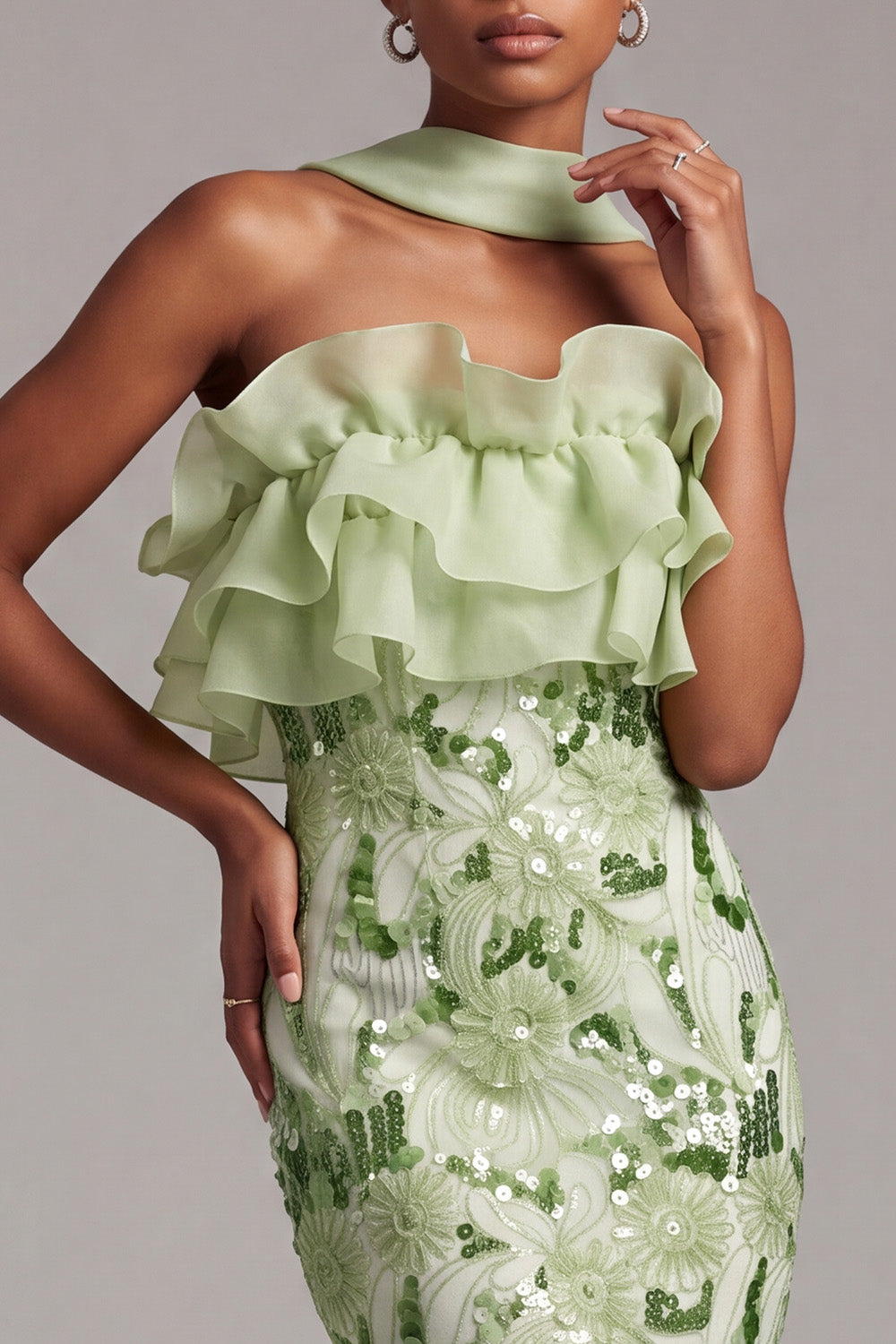 Sparkly Green Mermaid Floral Sequins Ruffled Long Prom Dress with Neck Scarf