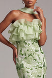 Sparkly Green Mermaid Floral Sequins Ruffled Long Prom Dress with Neck Scarf