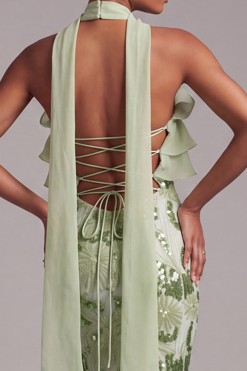 Sparkly Green Mermaid Floral Sequins Ruffled Long Prom Dress with Neck Scarf