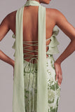 Sparkly Green Mermaid Floral Sequins Ruffled Long Prom Dress with Neck Scarf