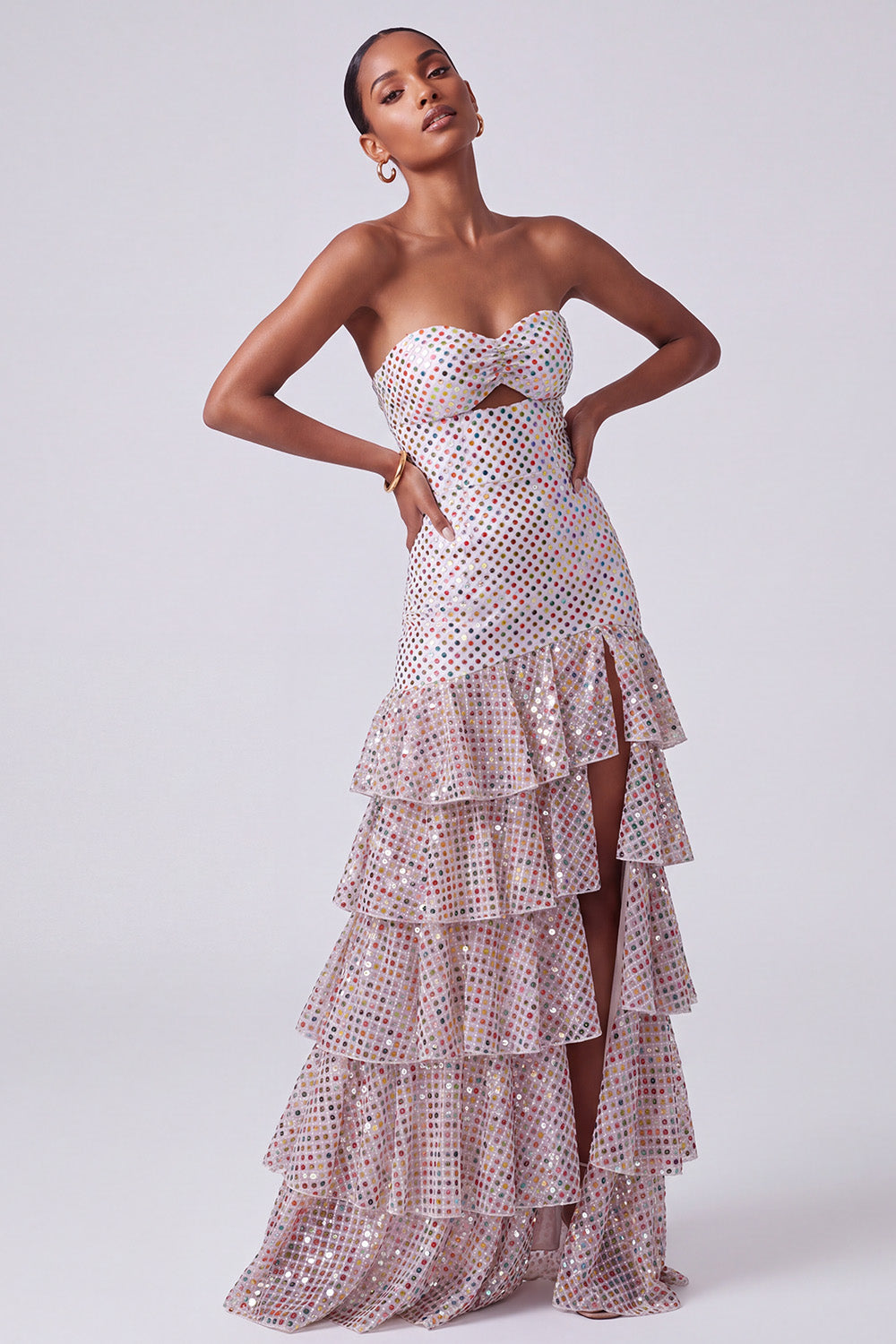 Sparkly Blush Sequins Sweetheart Keyhole Ruffled Tiered Long Prom Dress with Slit