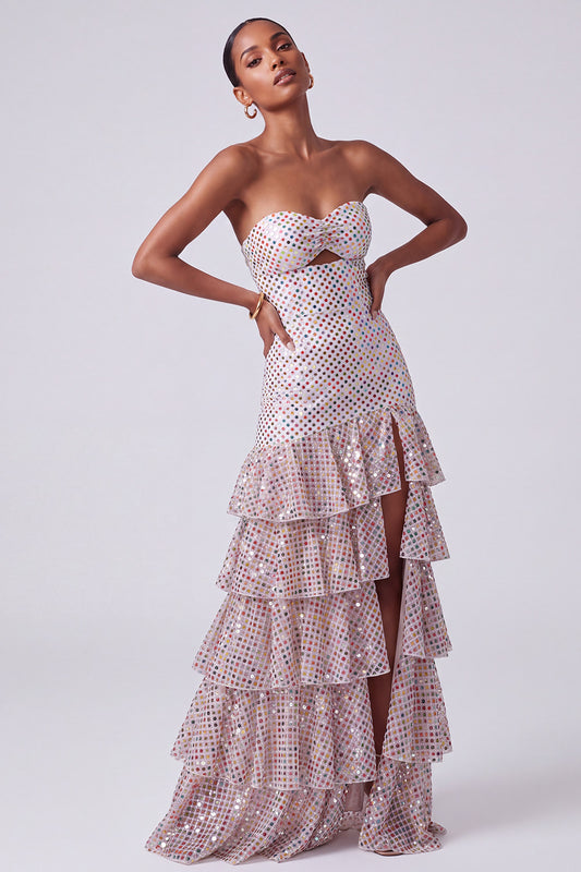 Sparkly Blush Sequins Sweetheart Keyhole Ruffled Tiered Long Prom Dress with Slit