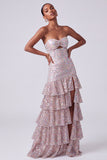 Sparkly Blush Sequins Sweetheart Keyhole Ruffled Tiered Long Prom Dress with Slit