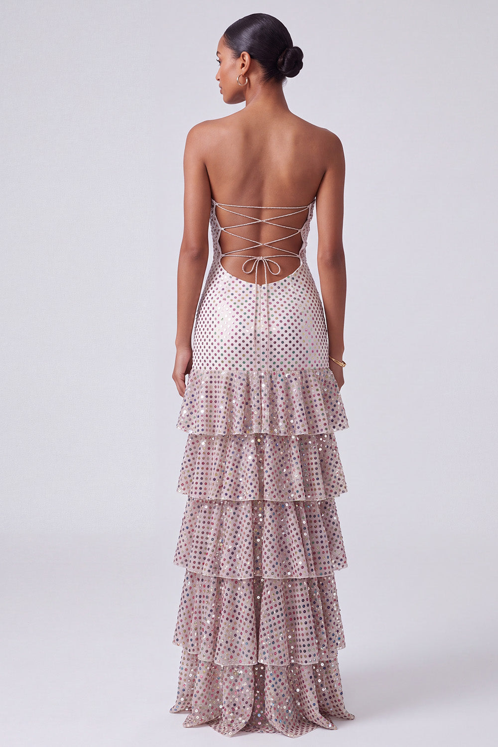 Sparkly Blush Sequins Sweetheart Keyhole Ruffled Tiered Long Prom Dress with Slit