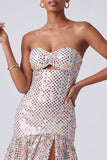 Sparkly Blush Sequins Sweetheart Keyhole Ruffled Tiered Long Prom Dress with Slit