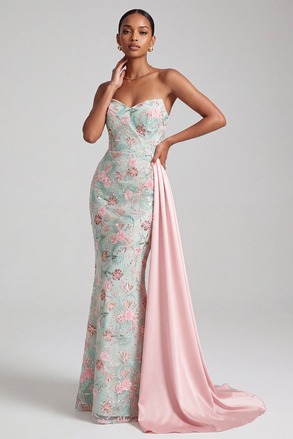 Sparkly Light Green Sequins Floral Mermaid Sweetheart Long Prom Dress with Sash
