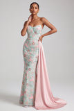 Sparkly Light Green Sequins Floral Mermaid Sweetheart Long Prom Dress with Sash