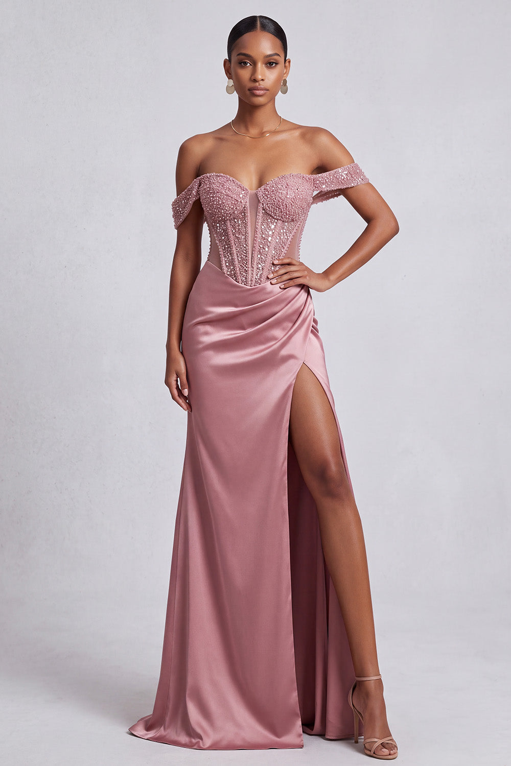 Sparkly Dusty Rose Corset Beaded Ruched Sheath Long Prom Dress with Slit