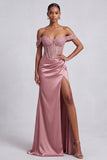 Sparkly Dusty Rose Corset Beaded Ruched Sheath Long Prom Dress with Slit