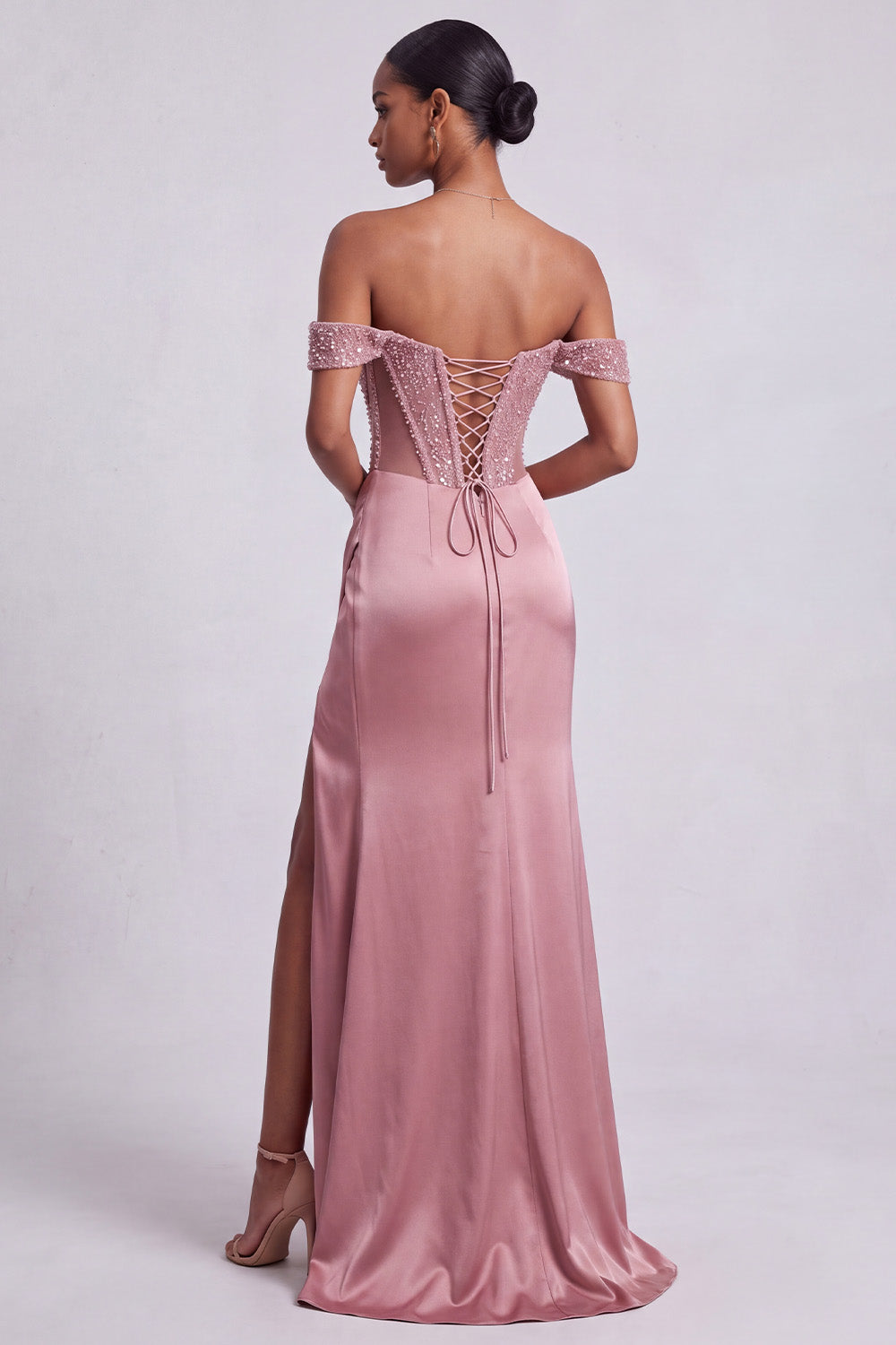 Sparkly Dusty Rose Corset Beaded Ruched Sheath Long Prom Dress with Slit