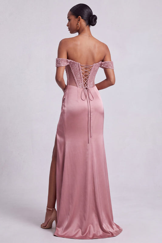 Sparkly Dusty Rose Corset Beaded Ruched Sheath Long Prom Dress with Slit