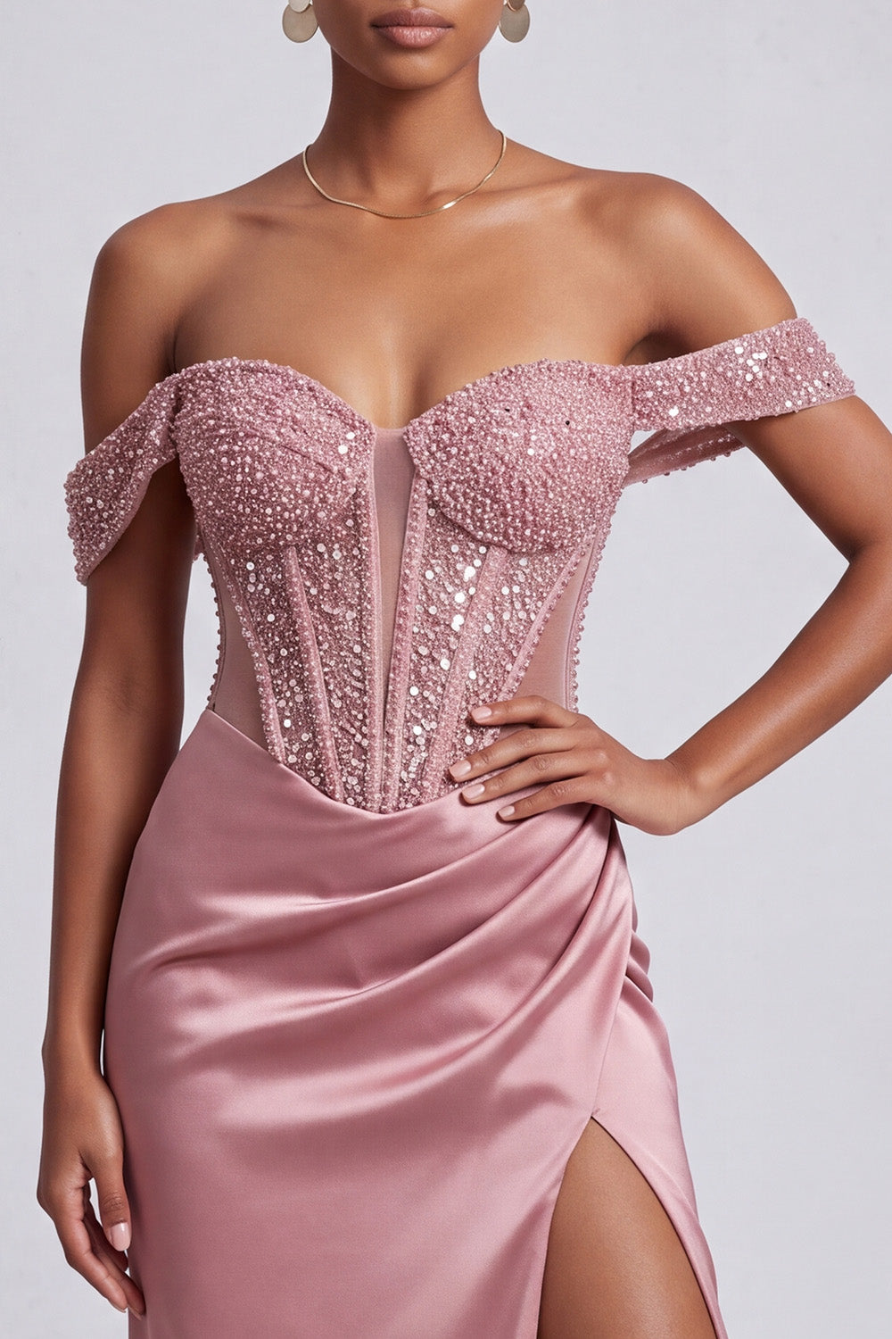 Sparkly Dusty Rose Corset Beaded Ruched Sheath Long Prom Dress with Slit