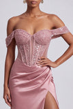 Sparkly Dusty Rose Corset Beaded Ruched Sheath Long Prom Dress with Slit