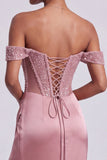 Sparkly Dusty Rose Corset Beaded Ruched Sheath Long Prom Dress with Slit