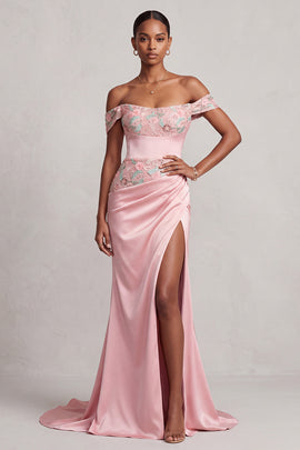 Pink Mermaid Floral Satin Off the Shoulder Ruched Long Prom Dress with Slit