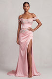 Pink Mermaid Floral Satin Off the Shoulder Ruched Long Prom Dress with Slit