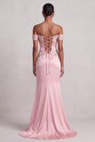 Pink Mermaid Floral Satin Off the Shoulder Ruched Long Prom Dress with Slit