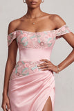 Pink Mermaid Floral Satin Off the Shoulder Ruched Long Prom Dress with Slit
