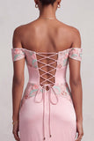 Pink Mermaid Floral Satin Off the Shoulder Ruched Long Prom Dress with Slit