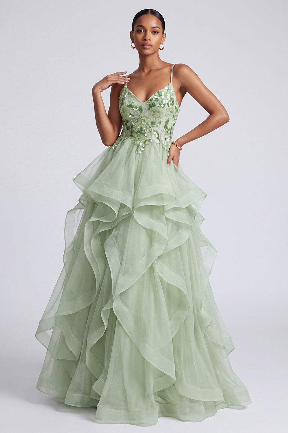 Sparkly Light Green A-Line Tiered Ruffled Floral Organza Long Prom Dress