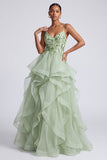 Sparkly Light Green A-Line Tiered Ruffled Floral Organza Long Prom Dress