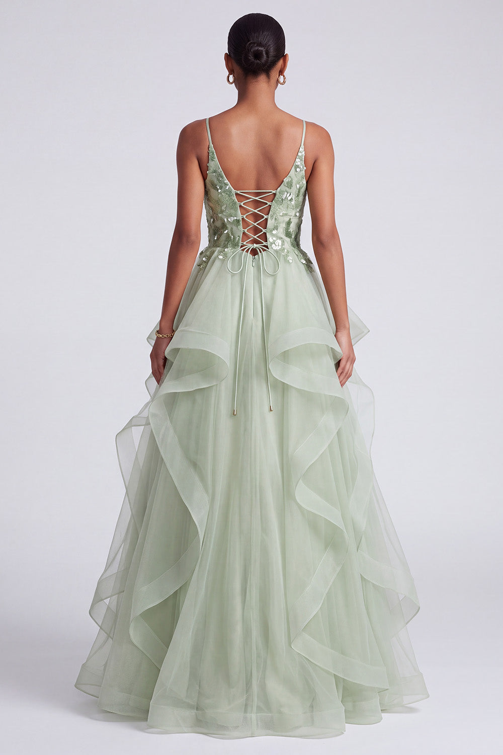 Sparkly Light Green A-Line Tiered Ruffled Floral Organza Long Prom Dress