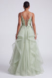 Sparkly Light Green A-Line Tiered Ruffled Floral Organza Long Prom Dress