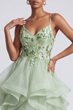 Sparkly Light Green A-Line Tiered Ruffled Floral Organza Long Prom Dress