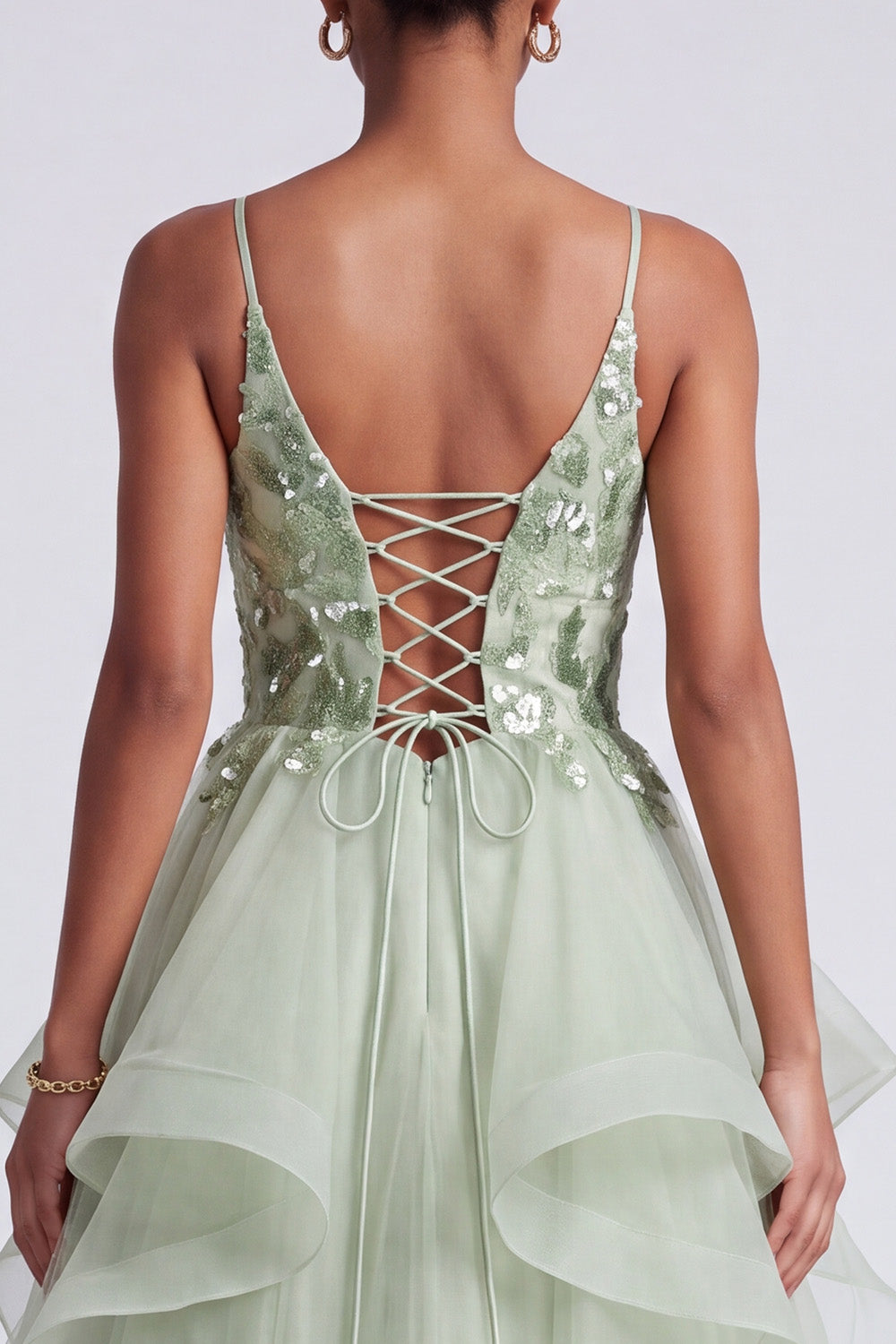 Sparkly Light Green A-Line Tiered Ruffled Floral Organza Long Prom Dress