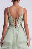 Sparkly Light Green A-Line Tiered Ruffled Floral Organza Long Prom Dress