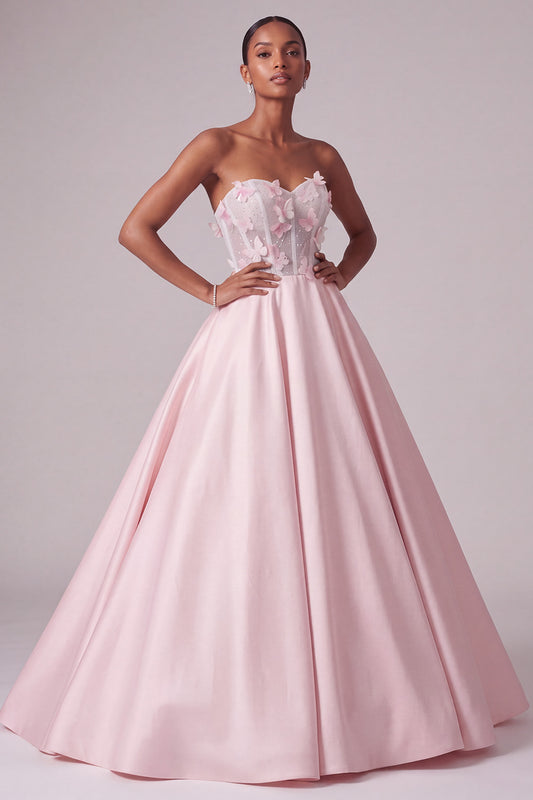 Sparkly Blush Ball Gown Beaded Corset Satin Long Prom Dress with 3D Butterflies
