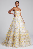 Light Yellow Corset Floral Sweetheart Tiered Ruffled Long Prom Dress