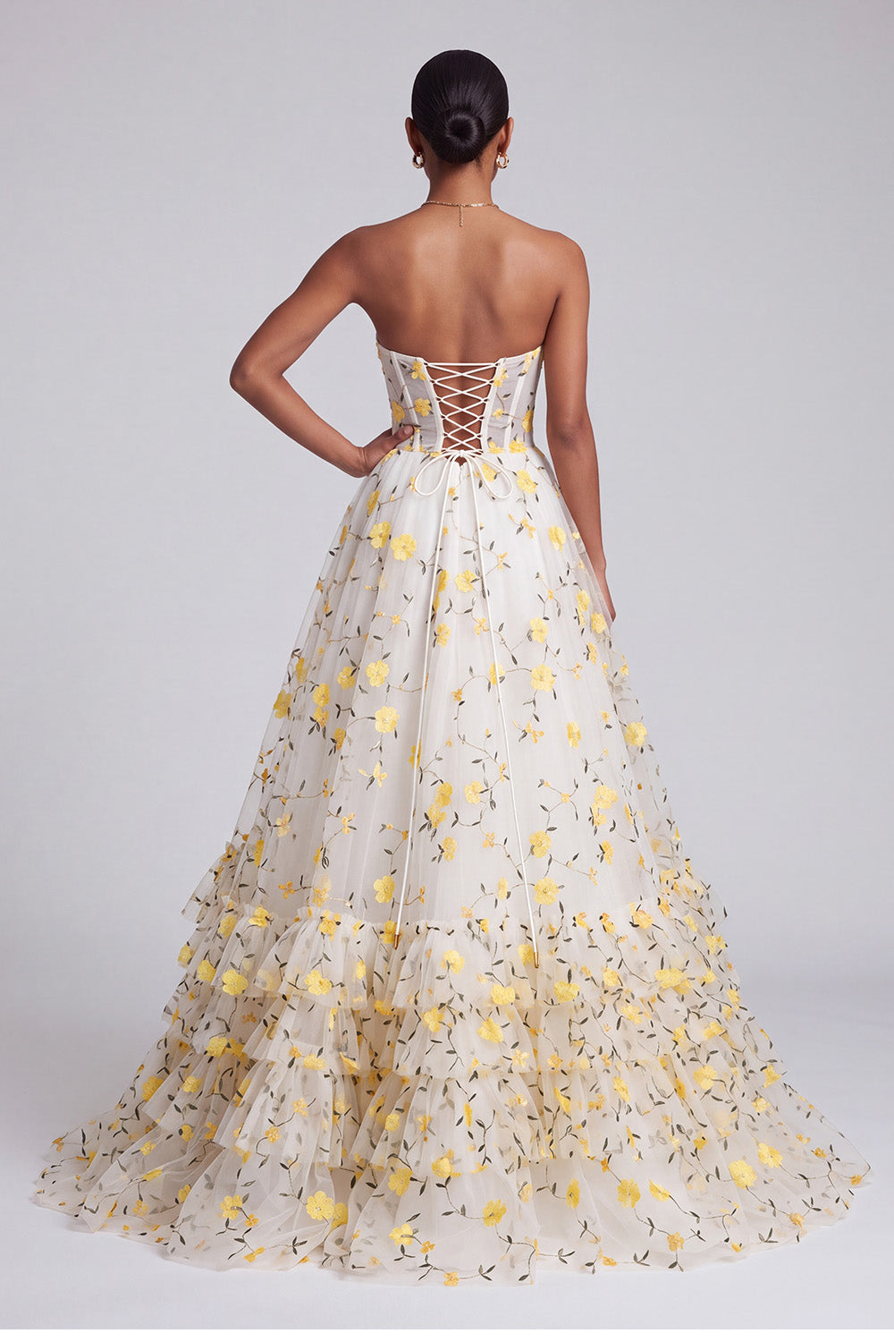 Light Yellow Corset Floral Sweetheart Tiered Ruffled Long Prom Dress